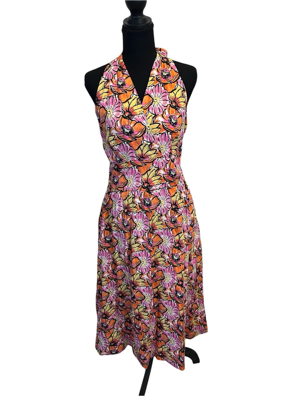 🌸 Chadwicks Floral Halter Dress in Pink & Orange Cotton Coastal Vibe Size 8